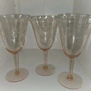 Lot 3 Vtg Depression Panel Glass Glasses Wine Stems Pink Etched Flowers Leaves